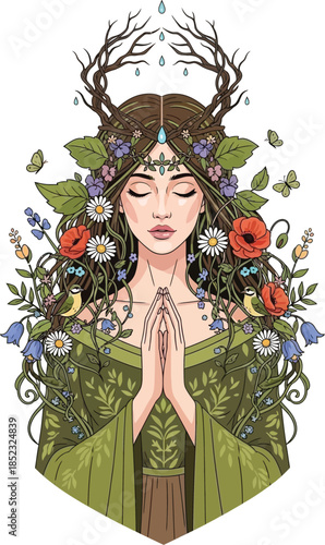 A mystical woman with antlers and flowers in her hair, praying with her hands together.