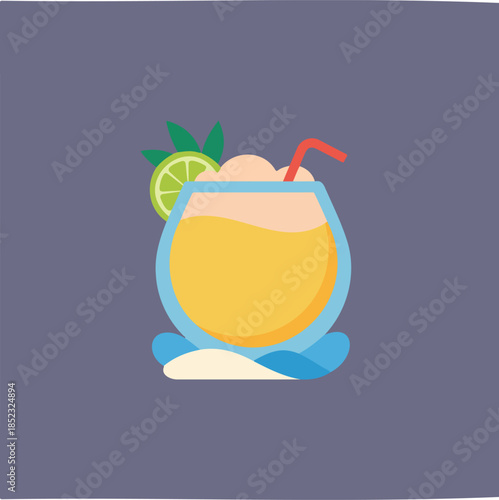A colorful cartoon illustration of a tropical cocktail in a rounded glass, garnished with lime and leaves, with a straw, sitting on abstract waves.