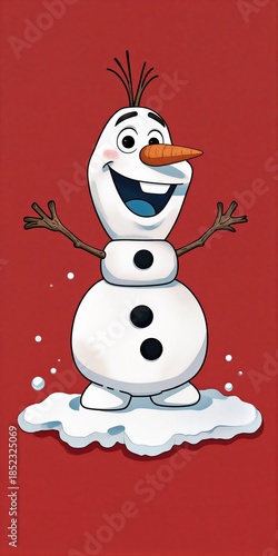 Joyful snowman Olaf smiles, arms raised, melting slightly on vibrant red background.