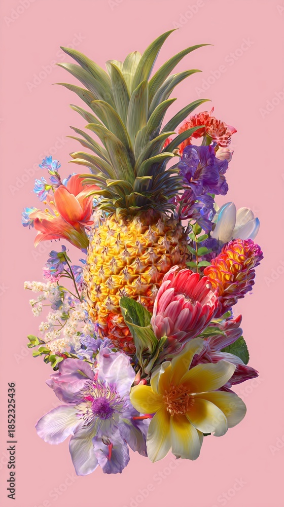 Fototapeta premium Exotic Pineapple Surrounded by Vibrant Flowers on a Pink Background Still Life Photography