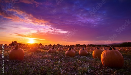 Silhouetted Pumpkins Dot A Field Against A Radiant Purple And Orange Sunset Backdrop