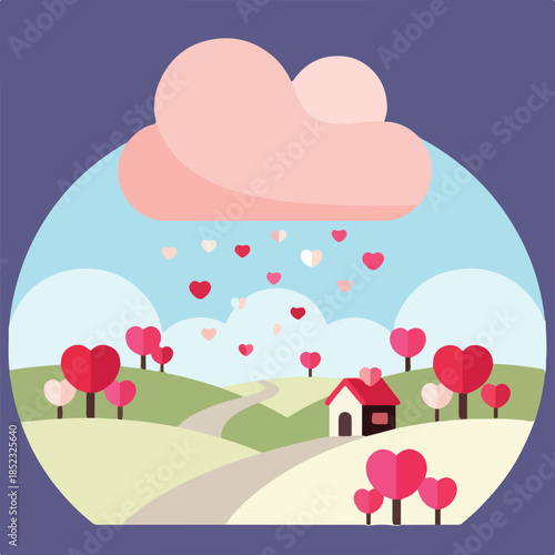 A whimsical illustration shows a landscape with heart-shaped trees, a charming house, and hearts raining from pink clouds, all encased in a circular frame.