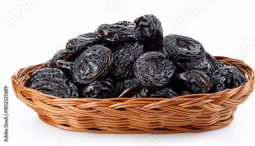 Prunes In A Wicker Basket Isolated On White Background Heap Of Dried Plums
