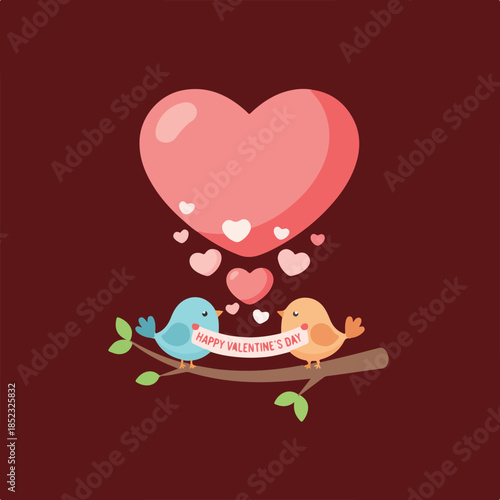 Two cute cartoon birds sit on a tree branch, holding a "Happy Valentine's Day" banner under a large heart with smaller falling hearts.