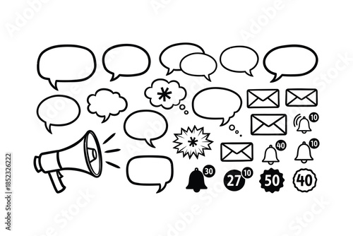Communication and notification doodle icons set