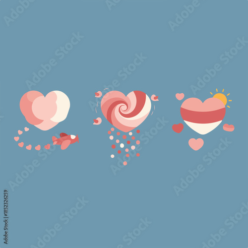 Three charming, colorful heart illustrations, each featuring unique elements like an airplane, swirling pattern, and sun, on a calm blue background.