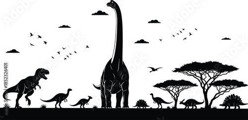Dinosaur silhouettes illustration, prehistoric wildlife artwork, Tyrannosaurus rex scene, sauropod long neck, Stegosaurus Triceratops design, ancient nature composition, flying birds background
