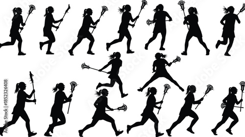 Female lacrosse silhouettes, dynamic sports illustration, athletic women players, running jumping poses, lacrosse stick action, competitive game, energetic movement, fitness artwork, team sport design