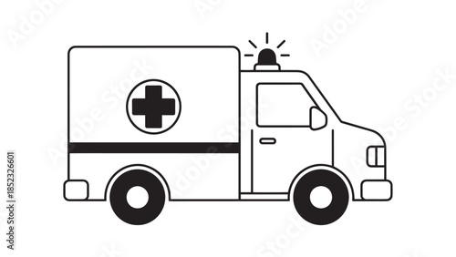 Line art illustration of an ambulance van prepared for emergency response.