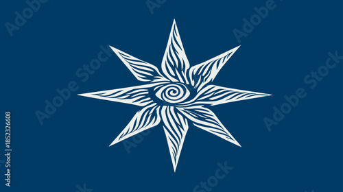Mystical white eight-pointed star with spiral eye, abstract celestial symbol on deep blue background, spiritual design.