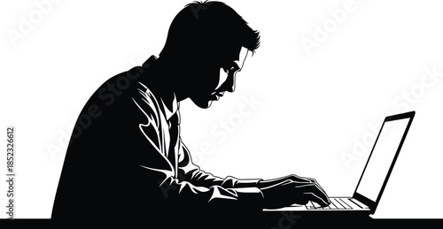 Person working on laptop silhouette, office desk illustration, study posture artwork, technology use design, focused worker profile, digital workspace art