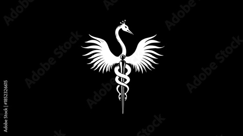 Stylized white bird with entwined snakes staff on black background. Elegant mythical creature symbol, medical emblem concept.