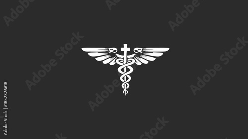 White stylized caduceus-like symbol with Christian cross and wings on dark background, representing faith, health, and spiritual healing.