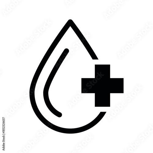 Hematology icon in vector format showing a drop of blood with a medical cross symbol