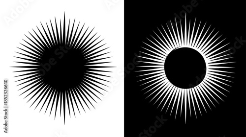Abstract black and white starburst and sunburst vector graphic elements set. Radiating light rays, explosion, and sparkle effect for design.