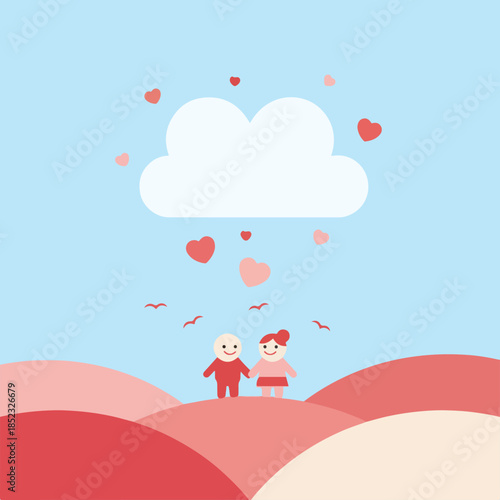 A cheerful, minimalist illustration features a couple holding hands on rolling hills under a sky filled with hearts falling from a cloud.