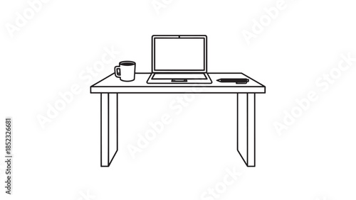 Minimalist desk setup with laptop and coffee mug illustration, simple office workspace scene.