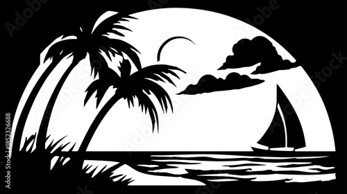 Tropical beach sunset silhouette with palm trees, ocean waves, and a sailboat illustration. Idyllic island vacation scene.