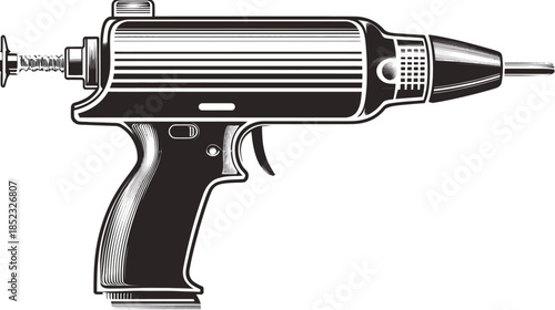 Classic Retro Futuristic Ray Gun Vector Illustration, Vintage Science Fiction Laser Pistol, Black and White Drawing