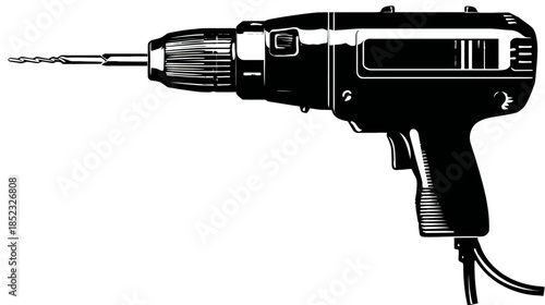 Detailed black and white illustration of a corded electric power drill with a metal bit, essential tool for construction and DIY projects.