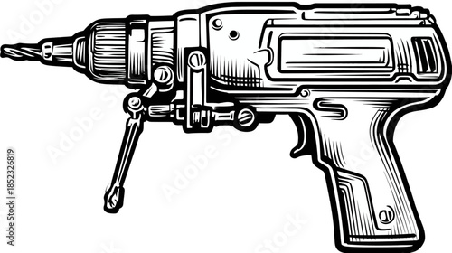 Vintage Electric Drill Engraving Illustration. Classic Handheld Power Tool for Construction, Carpentry, and DIY Projects