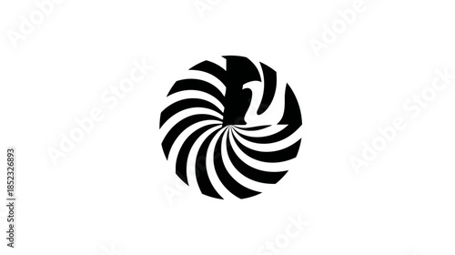Stylized abstract bird graphic in a circular spiral pattern, modern black and white artistic symbol design, dynamic illustration