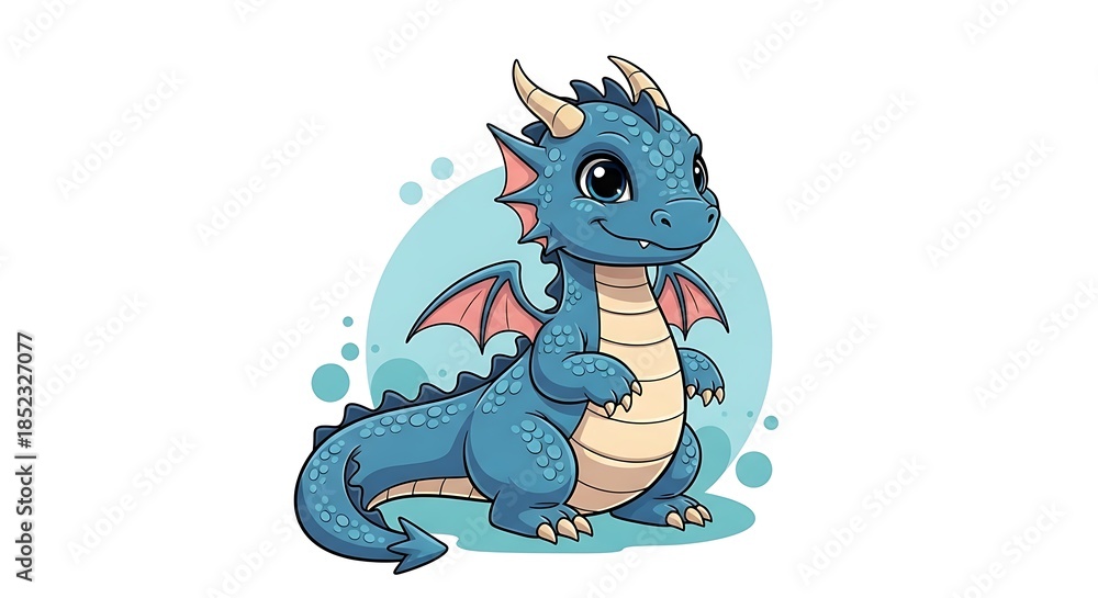 Fototapeta premium Adorable Blue Dragon Cartoon Character with Big Eyes and Small Wings.
