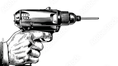 Hand holding retro futuristic ray gun illustration. Vintage sci-fi laser pistol artwork in black and white comic book style.