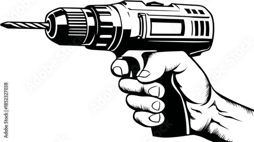 Hand holding a powerful cordless electric drill, black and white vector illustration for DIY, construction, and home improvement.
