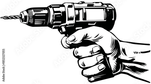 Hand holding a power drill with a bit, black and white illustration for construction, DIY, home improvement, and repair projects.