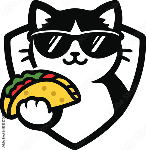 Cool Cat Mascot Illustration Wearing Sunglasses and Holding Taco