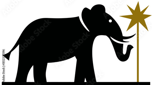 Black elephant silhouette with tusks and trunk standing next to a shining golden star on a pole, graphic design element.
