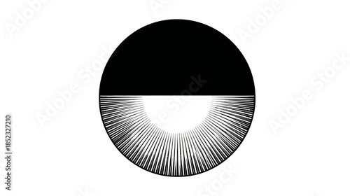 Abstract black and white circle graphic with a solid upper half and a radiating sunburst pattern in the lower half, modern design concept.