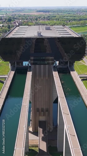 pulling strépy thieu boat lift two streams canal broader perspective area le rœulx hainaut belgium reveals pull drone shot back strépy-thieu aerial videography 