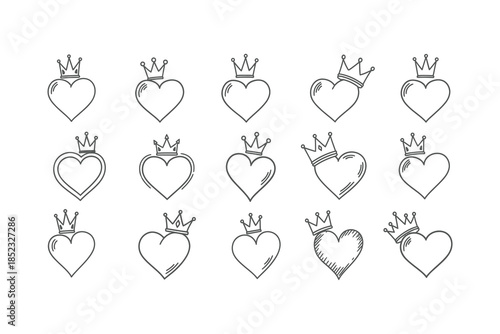 Hand drawn doodle heart with crown vector set