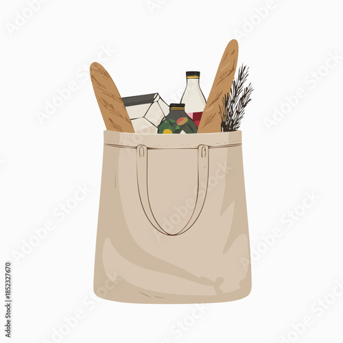 Fresh Groceries in Tote: A reusable tote bag brimming with essential groceries, evoking the simple pleasure of a fresh, wholesome meal.