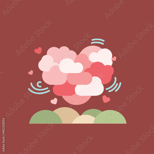 A graphic illustration of a heart made from pink and red clouds, floating above green hills with small hearts and swirls, all on a red background.