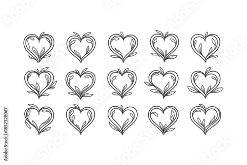 Heart with leaves vector outline set
