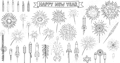 Black and White Hand-Drawn Line Art Illustration Set of New Year Celebration Elements Including Fireworks, Candles, and a Happy New Year Banner