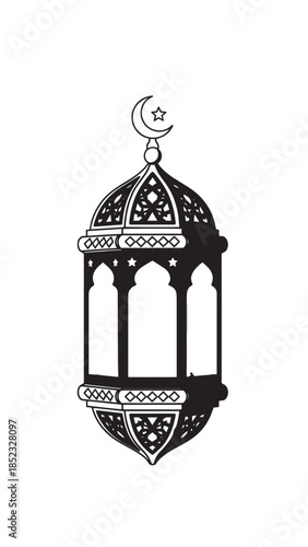 Intricately patterned hanging lantern with crescent moon and arabesque motifs.