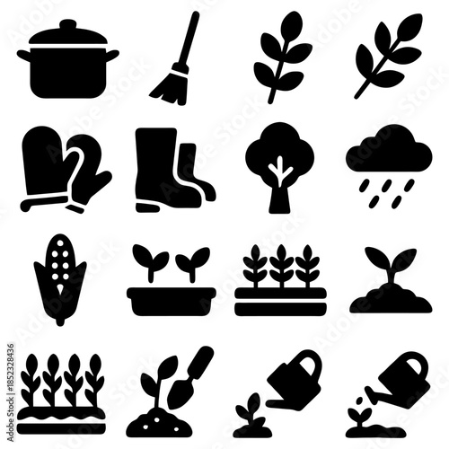 Gardening Silhouette Icons: A collection of meticulously crafted, minimalist icons, embodying the essential tools and elements of gardening, from nourishing plants to preparing a bountiful harvest.