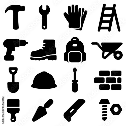 Essential Tools for Craftsmanship: A curated collection of construction essentials, depicted in a monochromatic palette.