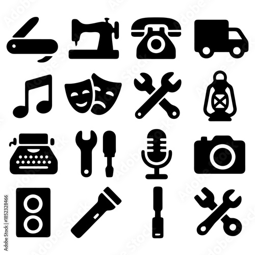 Versatile Icon Set: A comprehensive collection of iconic symbols representing various activities and fields, perfect for design and illustration projects. 