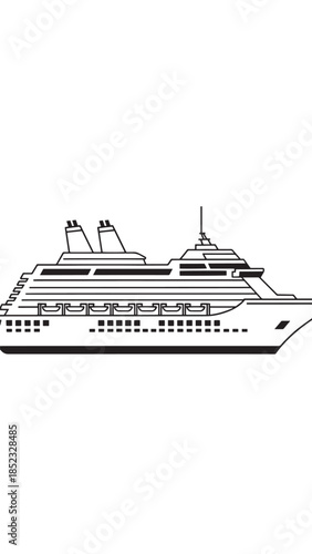 Illustration of a large cruise ship sailing on calm seas with multiple decks and windows.
