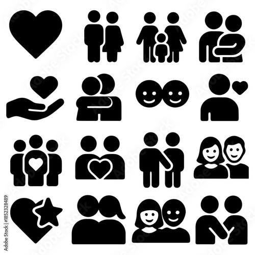 Love and Togetherness: Collection of illustrations depicting various symbols of love, care, and unity. Includes hearts, people, couples, and family representations.