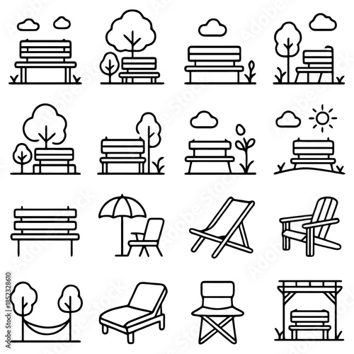 Park Bench Collection: A series of illustrations capturing park benches in diverse settings, from serene gardens to bustling cityscapes, inviting moments of rest and reflection