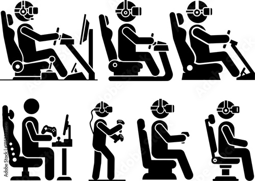 Virtual Reality Gaming and Racing Simulator Stick Figure Icon Set