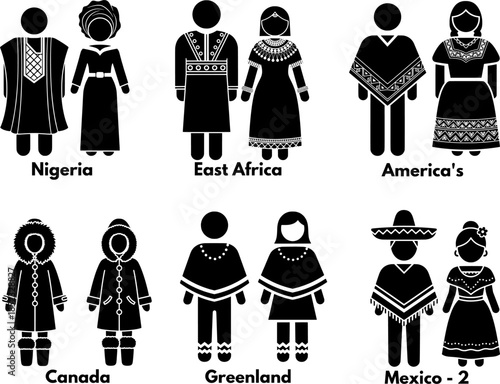Minimalist Cultural Heritage Dress Stick Figure Pictograms from Around the World