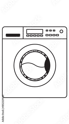 Illustration of a front-loading washing machine appliance for home use.