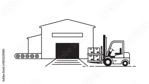 Industrial warehouse scene featuring a forklift loading pallets at the dock.
